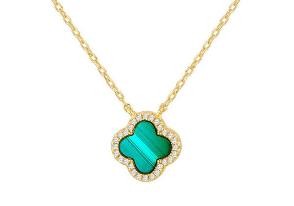 Gold Plated Sterling Silver Clover Malachite Zirconia Pendant