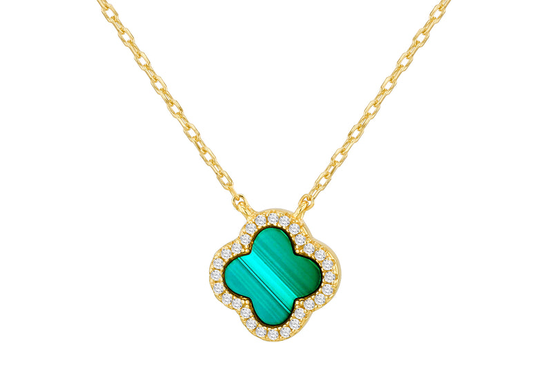 Gold Plated Sterling Silver Clover Malachite Zirconia Pendant