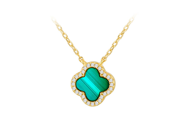 Gold Plated Sterling Silver Clover Malachite Zirconia Pendant