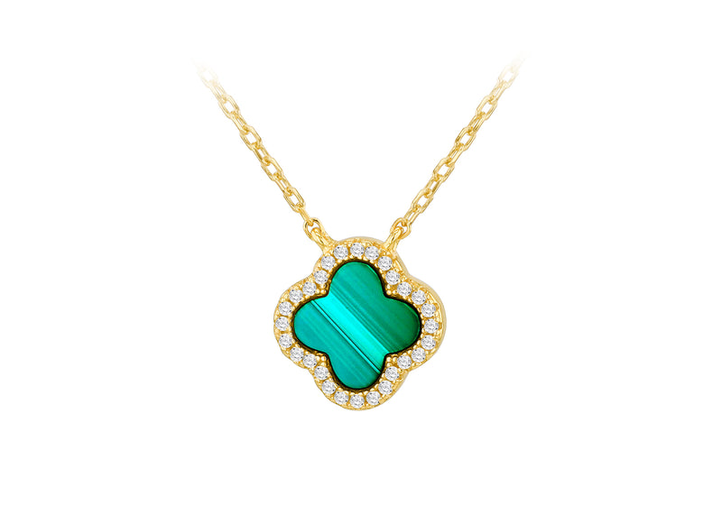 Gold Plated Sterling Silver Clover Malachite Zirconia Pendant
