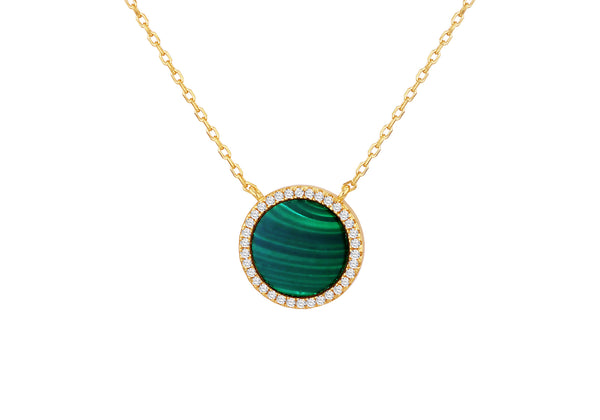 Yellow Gold Plated Sterling Silver Round Malachite Zirconia Pendant