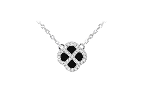 Sterling Silver Black Agate & Zirconia Clover Pendant