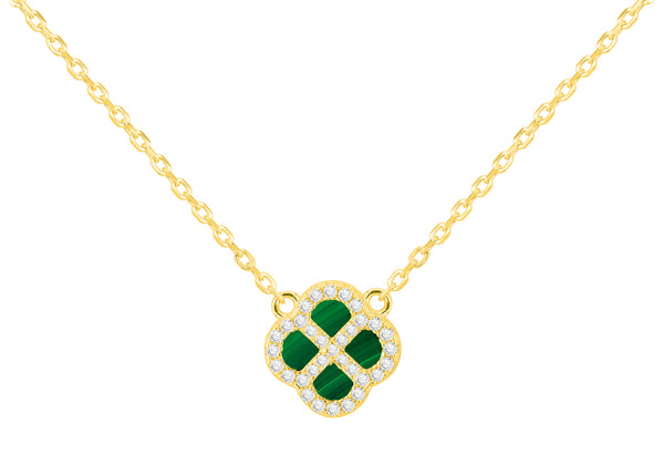 Yellow Gold Plated Sterling Silver Malachite & Zirconia Clover Pendant