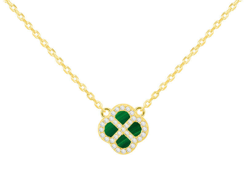 Yellow Gold Plated Sterling Silver Malachite & Zirconia Clover Pendant
