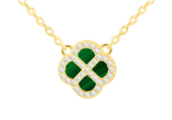 Yellow Gold Plated Sterling Silver Malachite & Zirconia Clover Pendant