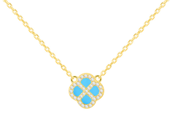 Yellow Gold Plated Sterling Silver Turquoise Clover & Zirconia Pendant