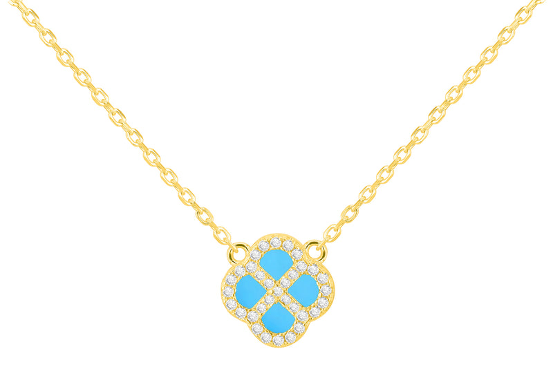 Yellow Gold Plated Sterling Silver Turquoise Clover & Zirconia Pendant
