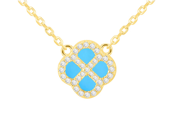Yellow Gold Plated Sterling Silver Turquoise Clover & Zirconia Pendant