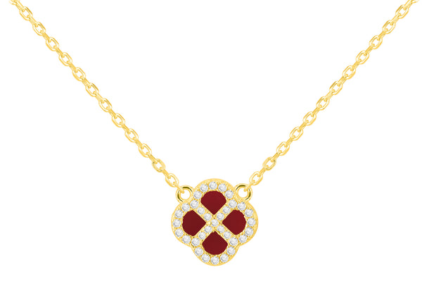Yellow Gold Plated Sterling Silver Red Agate & Zirconia Clover Pendant