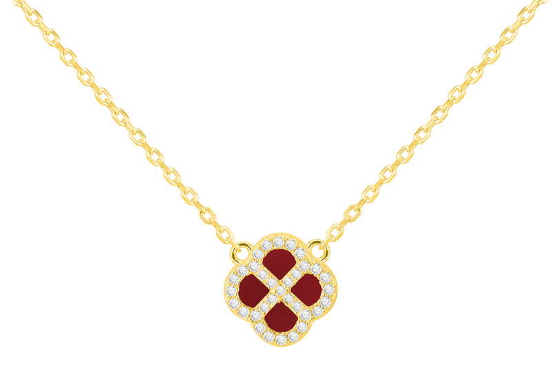 Yellow Gold Plated Sterling Silver Red Agate & Zirconia Clover Pendant