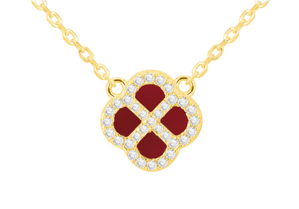 Yellow Gold Plated Sterling Silver Red Agate & Zirconia Clover Pendant