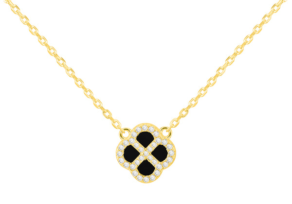 Yellow Gold Plated Sterling Silver Black Agate & Zirconia Clover Pendant