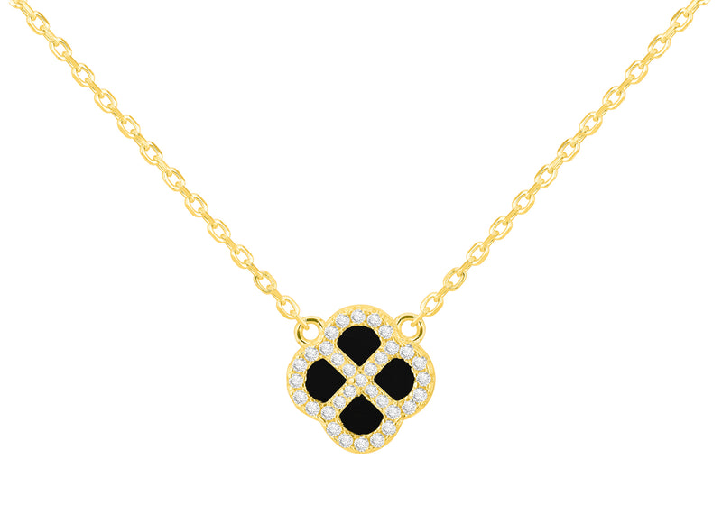 Yellow Gold Plated Sterling Silver Black Agate & Zirconia Clover Pendant