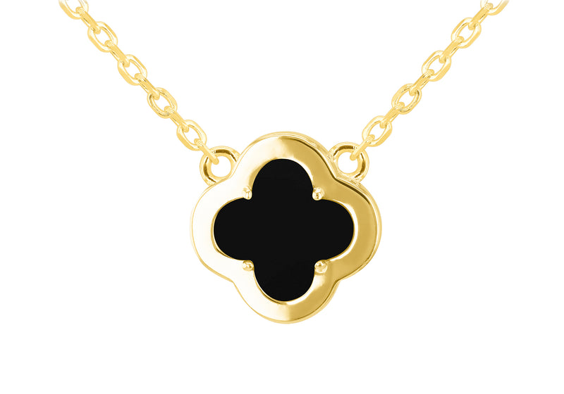 Yellow Gold Plated Sterling Silver Black Agate & Zirconia Clover Pendant