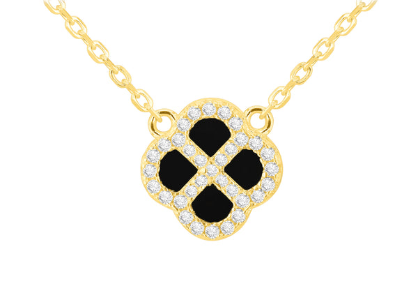 Yellow Gold Plated Sterling Silver Black Agate & Zirconia Clover Pendant