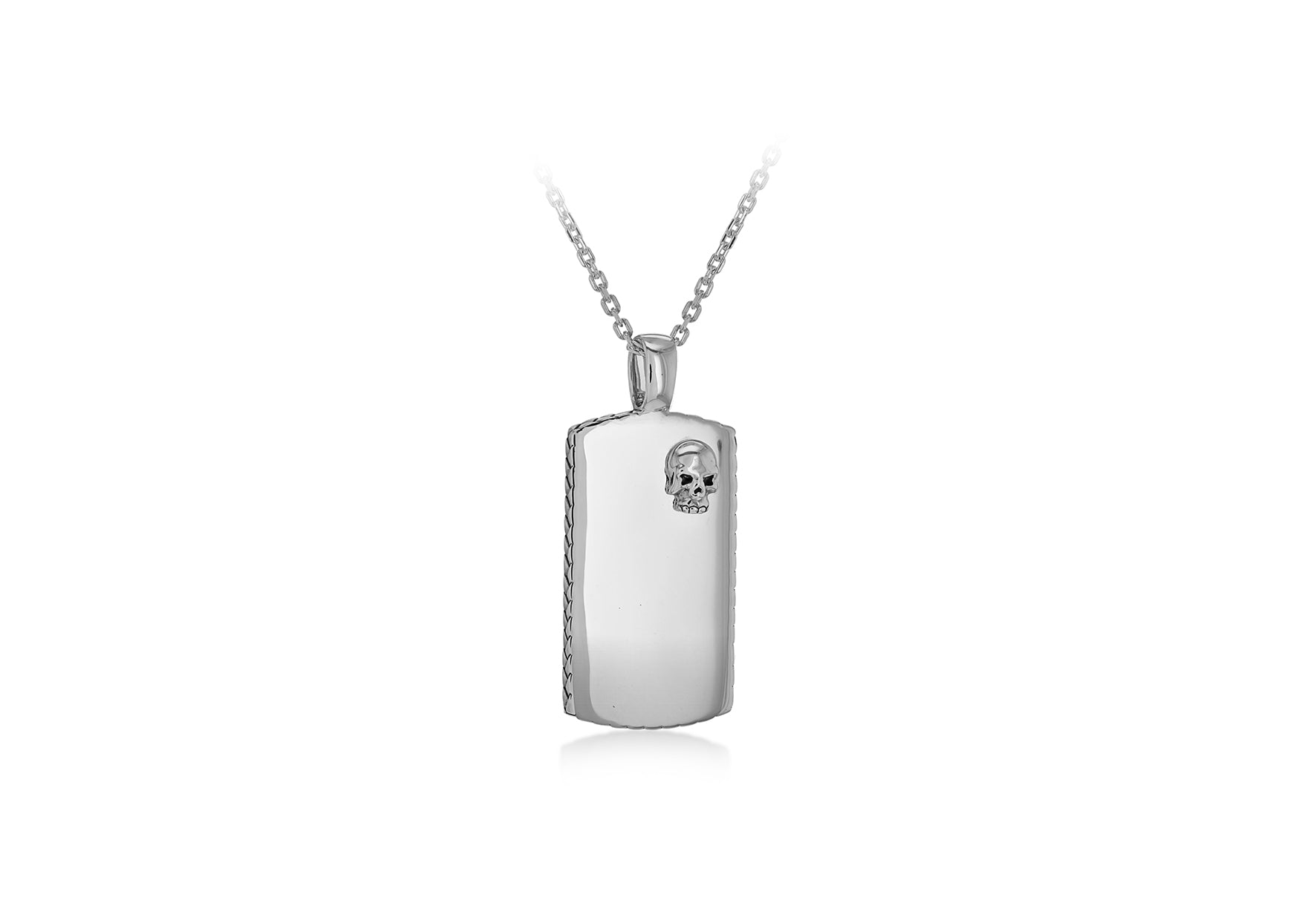 Sterling Silver Skull Satin Plated Edge Dog Tag Necklace