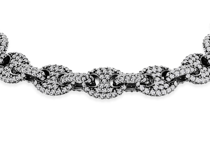 Sterling Silver Black Rhodium & White Zirconia Encrusted Bean Links Bracelet
