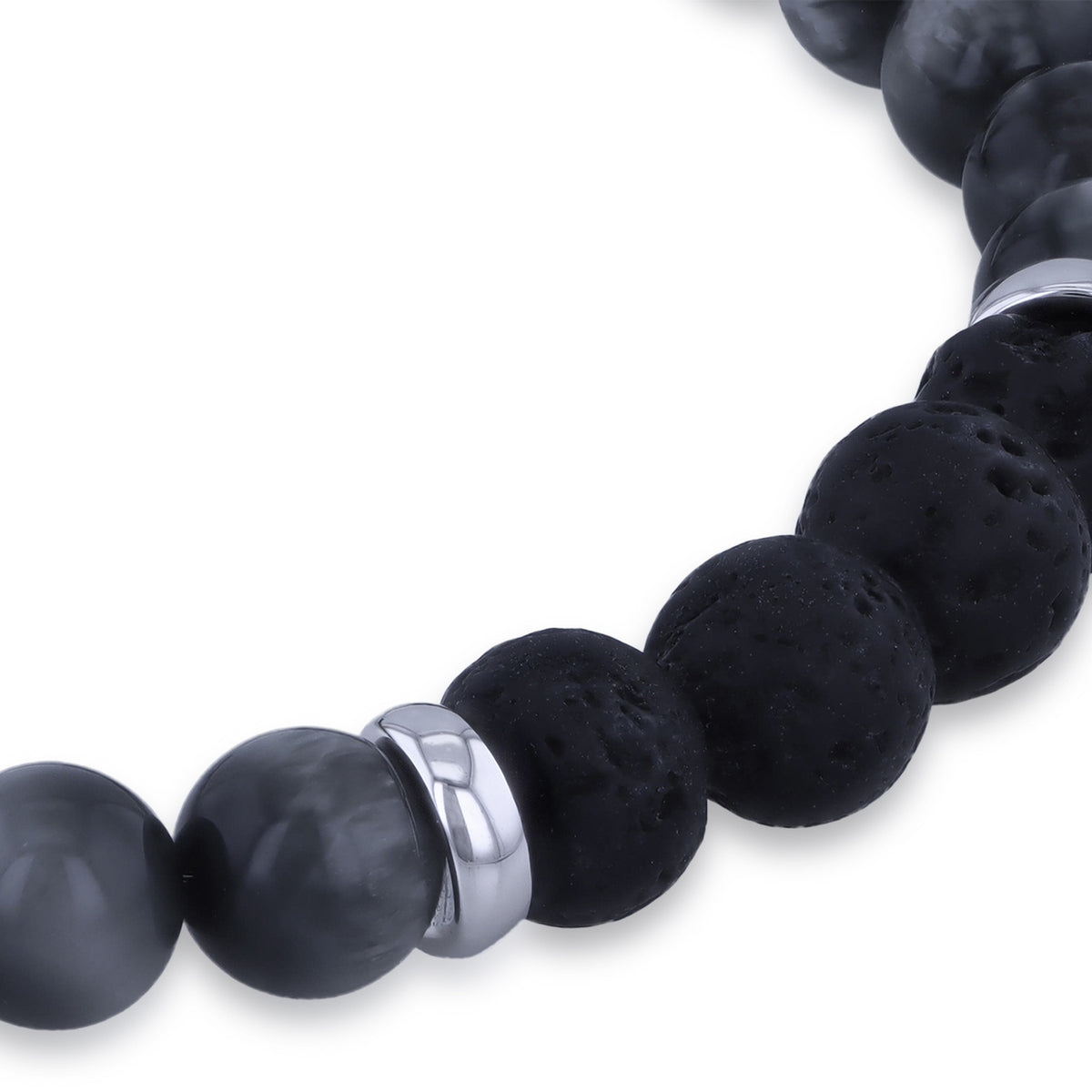 Sterling Silver Rhodium-Plated Lava & Eagle Eye Bead T-Bar Bracelet