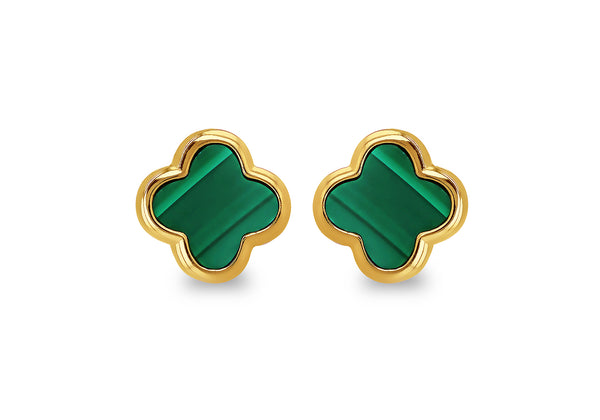 Yellow Gold Plated Sterling Silver Malachite Clover Stud Earrings