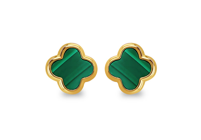Yellow Gold Plated Sterling Silver Malachite Clover Stud Earrings