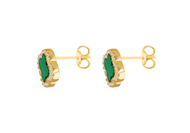 Yellow Gold Plated Sterling Silver Malachite Clover Stud Earrings
