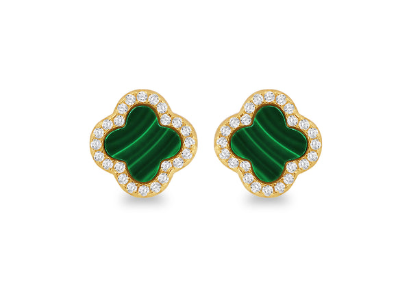 Yellow Gold Plated Sterling Silver Malachite Clover Stud Earrings