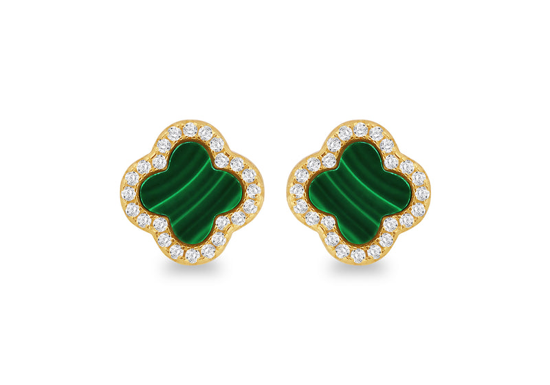 Yellow Gold Plated Sterling Silver Malachite Clover Stud Earrings