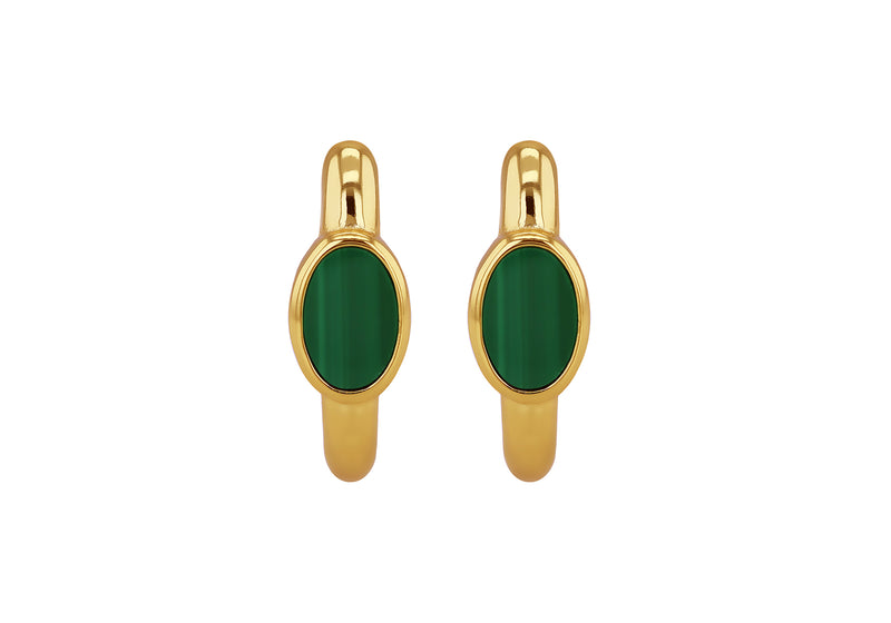 Yellow Gold Plated Sterling Silver Malachite Huggy Earrings