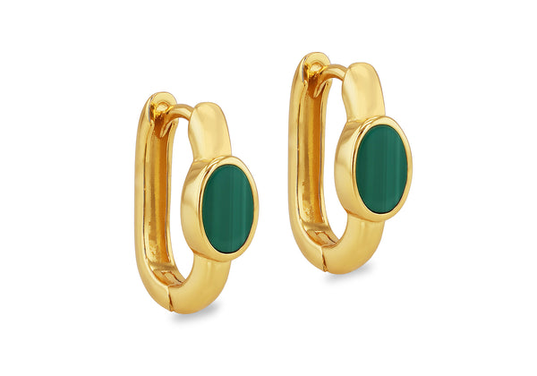 Yellow Gold Plated Sterling Silver Malachite Huggy Earrings