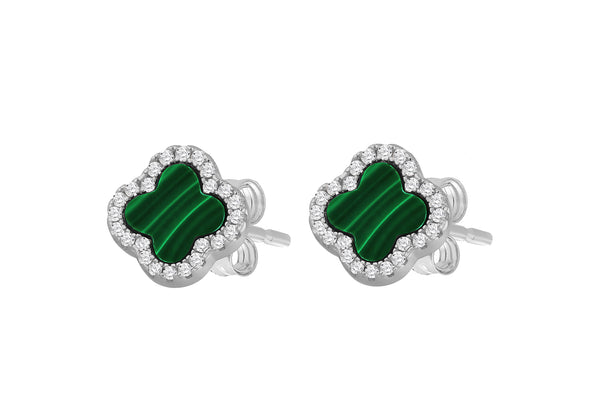 Sterling Silver Malachite & White Zirconia Clover Stud Earrings
