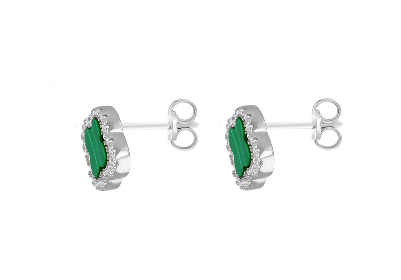 Sterling Silver Malachite & White Zirconia Clover Stud Earrings
