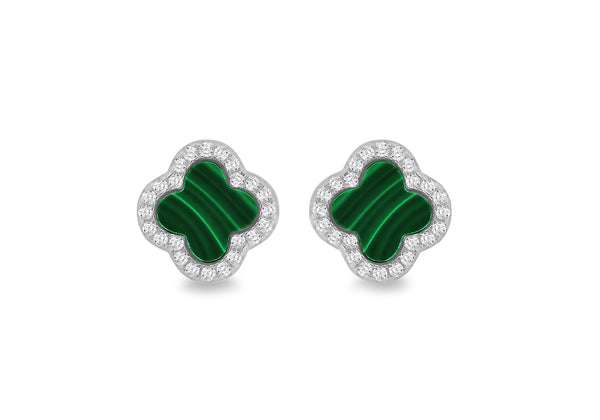 Sterling Silver Malachite & White Zirconia Clover Stud Earrings