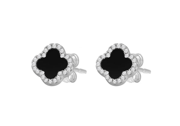 Sterling Silver Black Agate & White Zirconia Clover Stud Earrings