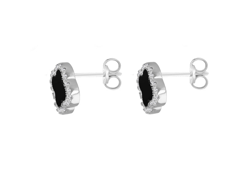 Sterling Silver Black Agate & White Zirconia Clover Stud Earrings
