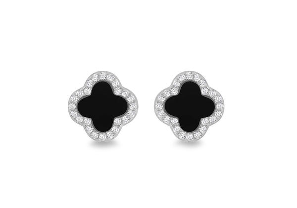 Sterling Silver Black Agate & White Zirconia Clover Stud Earrings