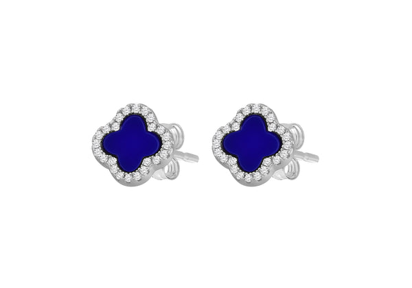Sterling Silver Blue Lazurite & White Zirconia Clover Stud Earrings