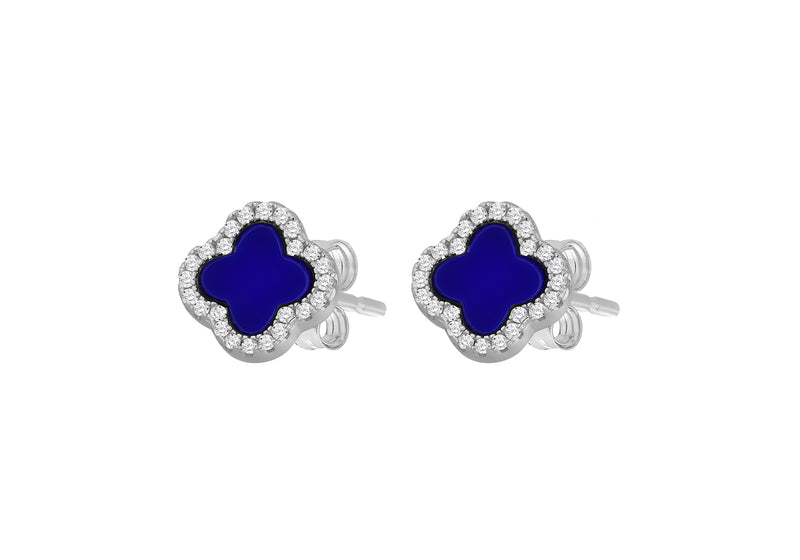 Sterling Silver Blue Lazurite & White Zirconia Clover Stud Earrings