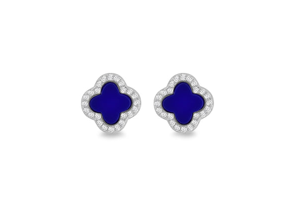 Sterling Silver Blue Lazurite & White Zirconia Clover Stud Earrings
