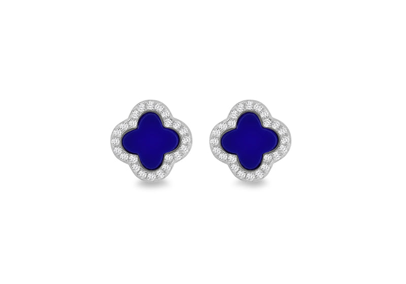 Sterling Silver Blue Lazurite & White Zirconia Clover Stud Earrings