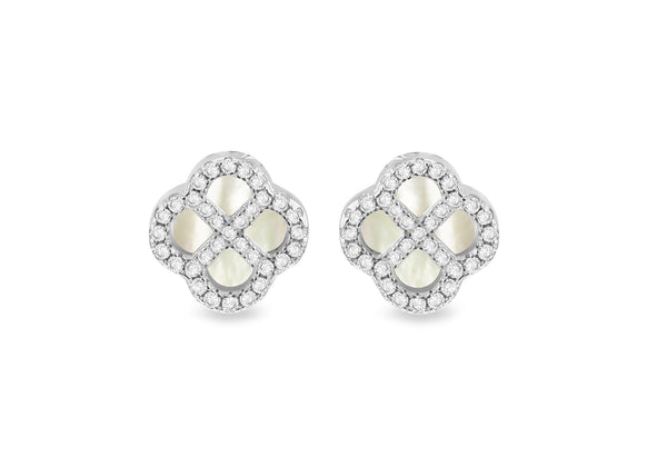 Sterling Silver Mother Of Pearl & White Zirconia Clover Stud Earrings