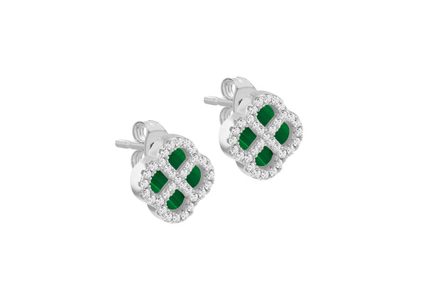 Sterling Silver Malachite & White Zirconia Clover Stud Earrings