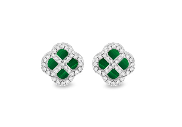 Sterling Silver Malachite & White Zirconia Clover Stud Earrings