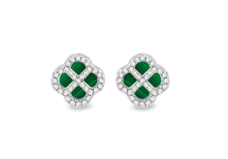 Sterling Silver Malachite & White Zirconia Clover Stud Earrings