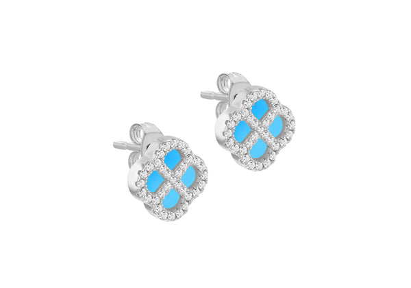 Sterling Silver Turquoise Clover & White Zirconia Stud Earrings