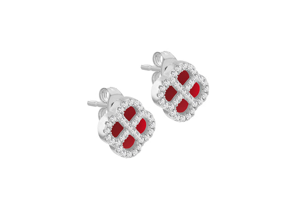 Sterling Silver Red Agate & White Zirconia Clover Stud Earrings