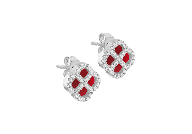 Sterling Silver Red Agate & White Zirconia Clover Stud Earrings