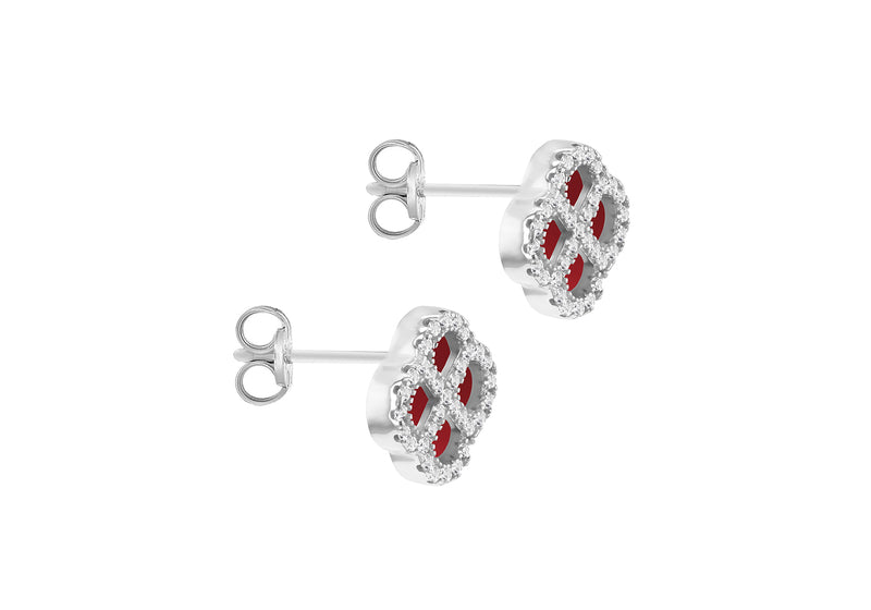 Sterling Silver Red Agate & White Zirconia Clover Stud Earrings