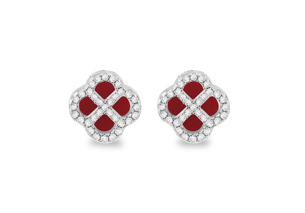 Sterling Silver Red Agate & White Zirconia Clover Stud Earrings