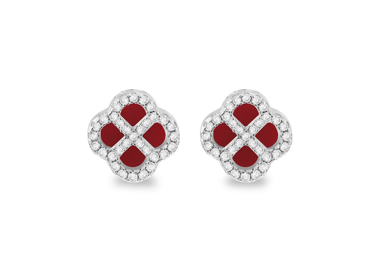 Sterling Silver Red Agate & White Zirconia Clover Stud Earrings