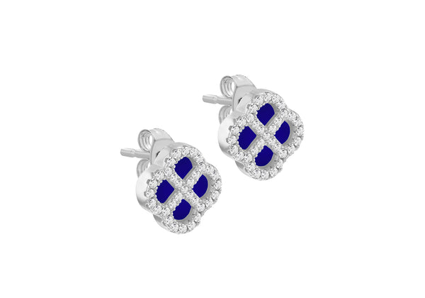 Sterling Silver Blue Lazurite Clover & White Zirconia Stud Earrings